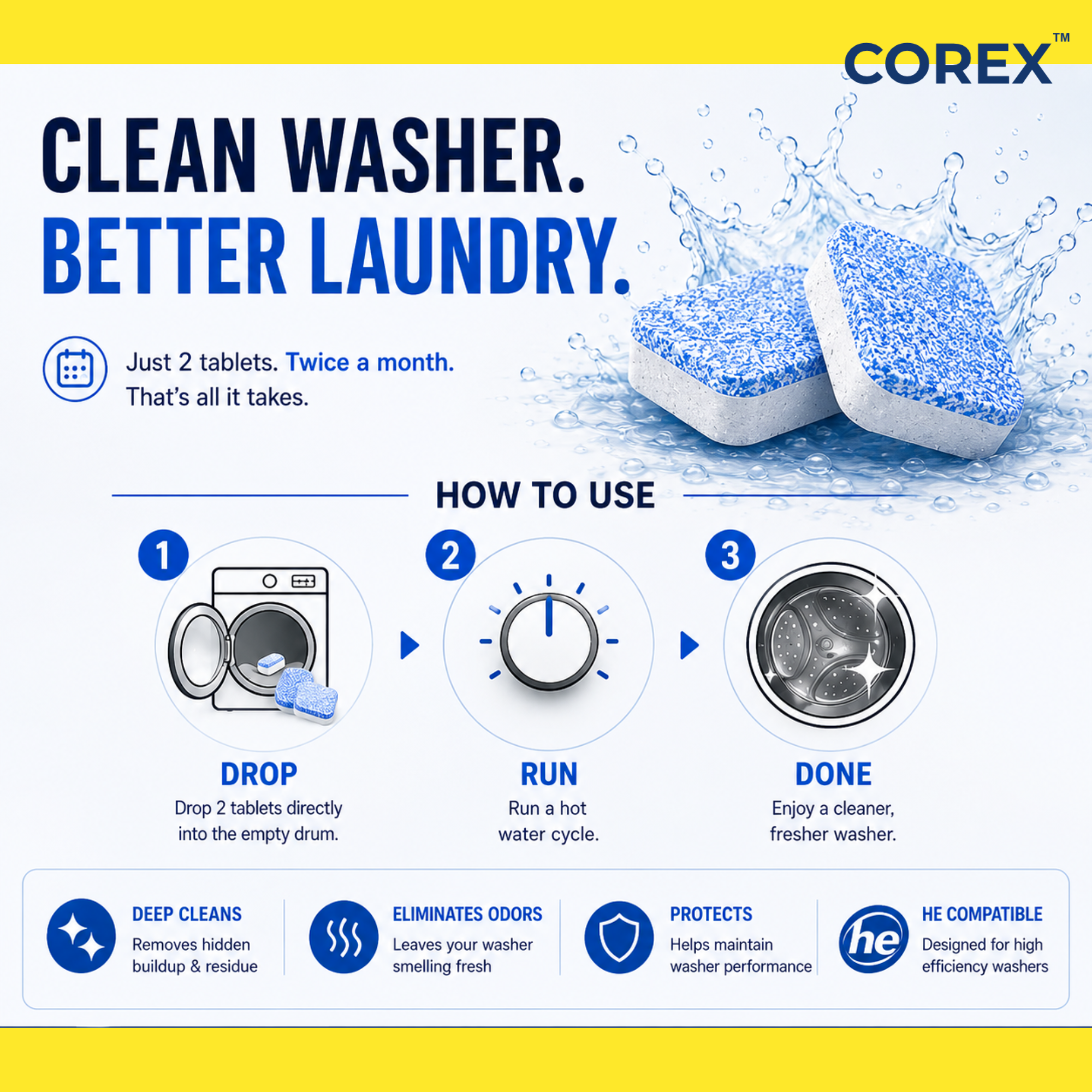 COREX Washing Machine Cleaner Tablets – 24 Count (12-Month Supply)